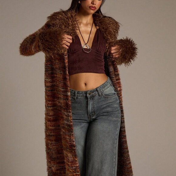 Multicolor Bohemian Women's fuzzy Collar & Cuffs Long Striped sweater Cardigan - Picture 7 of 7